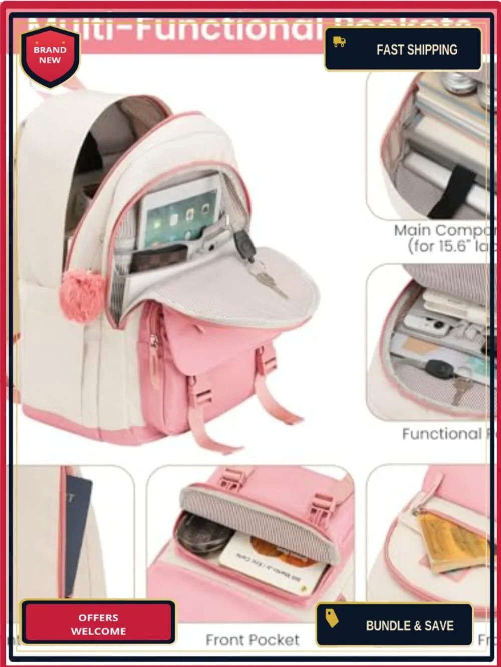 3-Piece School Backpack Set for Teen Girls Women with USB Port, Waterproof - Picture 2 of 6